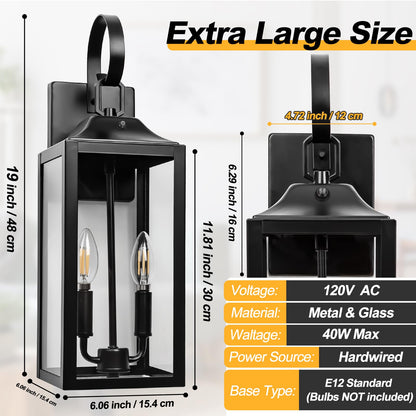 Black Dusk to Dawn Outdoor Wall Lantern 2-Light, 19" Large Modern Outdoor Wall Lights, Industrial Porch Lights Wall Mount with Tempered Glass, Waterproof Farmhouse Exterior Lighting Fixtures, 2 Packs
