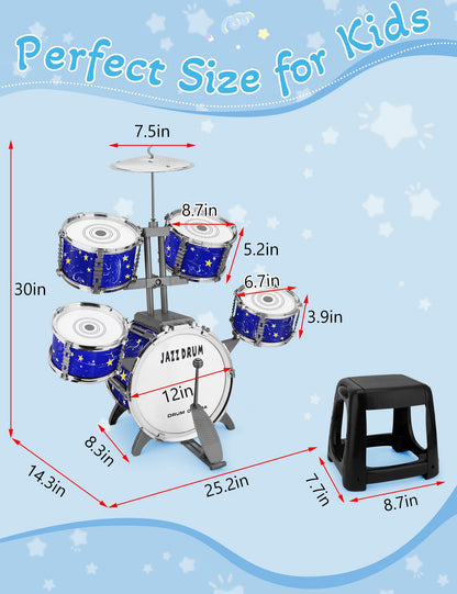 Upgraded Kids Drum Set for Toddlers Plastic Musical Jazz Drum Instruments Kit Birthday Musical Learning Toys for 4 5 6 Boys Girls, Starlight Blue