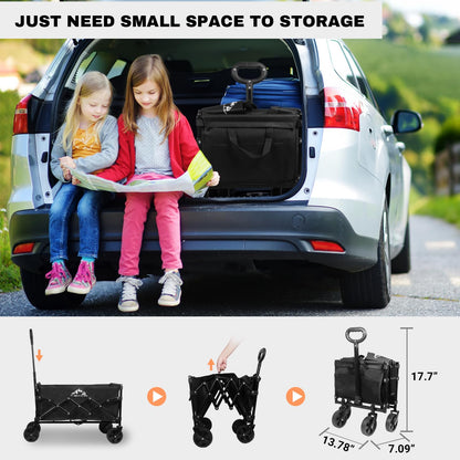 SAILARY Collapsible Wagon 352LBS Capacity, Foldable Large Wagons Carts, Heavy Duty Outdoor Folding Wagon with All-Terrain Wheels, Utility Garden Beach Wagon with Storage Bag Black