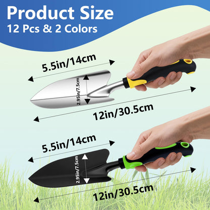 PIEMEET 12 Pcs Garden Shovel, Aluminum Alloy Trowel Garden, Heavy Duty Small Shovels, Metal Hand Trowel, Hand Shovel with Ergonomic Handle, Gardening Tools for Digging Weeding Planting Transplanting