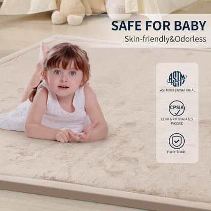 ACOMOPACK Baby Play Mat for Floor 1.3" Thick Memory Foam Play Mat 79"×157 Tummy Time Crawling with Non-Slip Bottom for Living Room,Nursery,Soft Velvet Playpen Mats for Kids,Infants（Beige）