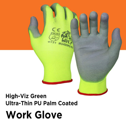 WOLF High-Viz Green Ultra-Thin PU Palm Coated Work Glove, Indoor/Outdoor, Construction, Maintenance, Gardening, Mechanic, Warehouse, Multi-Purpose, Flexible Grip, Small (Pack of 12)