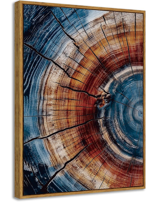 BingruiArt Framed Tree Ring Wall Art Blue and Red Boho Wall Decor Nature Print Wood Canvas Rustic Artwork Abstract Painting Modern Picture for Living Room Bedroom Bathroom 12"x16" Natural Framed(01)