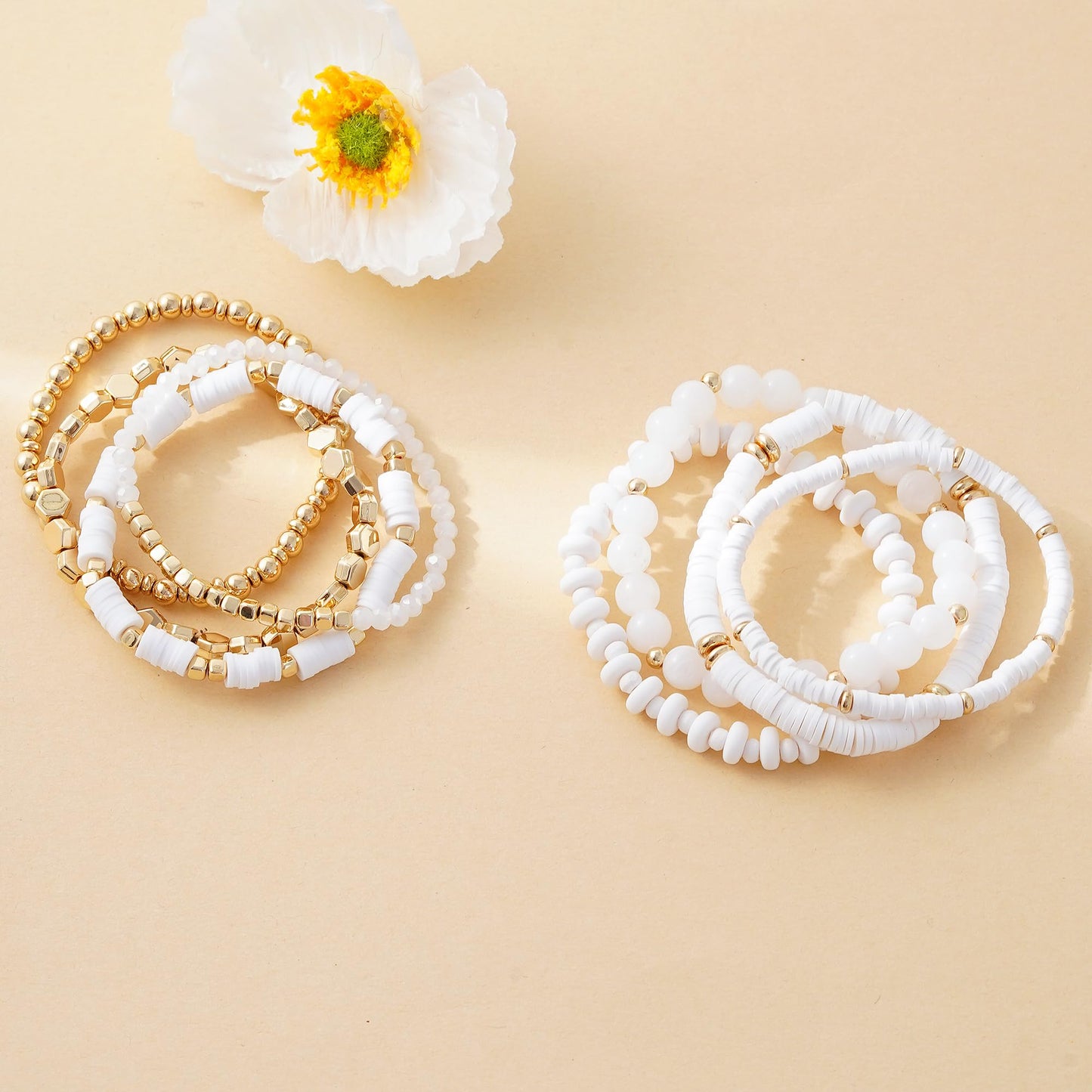 GOOJIDS White Surfer Heishi Clay Bead Bracelets for Women Bohemian Stackable Gold Plated Beaded Stretch Bracelets Elastic Layering Friendship White Bracelets Set Boho Jewelry