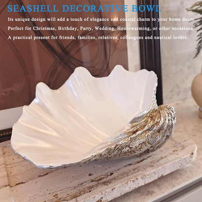 Afadorable Resin Seashell Decorative Bowl Large Clam Shell Storage Bowl for Coffee Table Centerpiece Home Kitchen Entryway Table Decor Beach Themed Wedding Party Decoration (Silver-Pearl White)