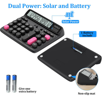 Desktop Calculator with Extra Large 5-Inch LCD Display, 12-Digit Two Way Power Solar & Battery Office Calculator with Big Buttons for Business, Accounting & Home Use(Black)