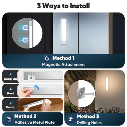 3-Pack Under Cabinet Lighting, 68LED 1800mAh Motion Sensor Lights Indoor, 3 Color Wireless Dimmable Rechargeable Battery Operated Closet Lights, Magnetic Under Counter Light Fixture for Kitchen Stair