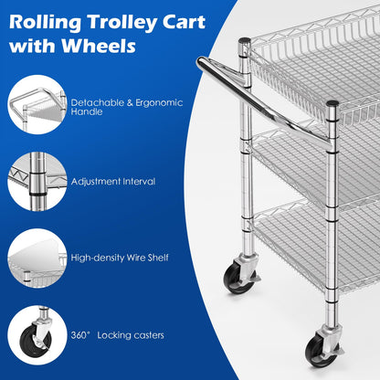 NTE Utility Cart with Wheels, 990lbs Capacity Metal 3 Tier Rolling Carts, NSF Kitchen Carts On Wheels with Storage, Heavy Duty Utility Cart with Handle & Wire Shelf for Indoor & Outdoor Use, Silver