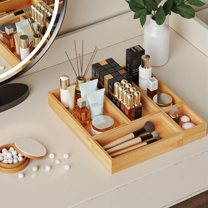 HUCINIUN Bamboo Drawer Organizer Boxes, 5 PCS Junk Drawer Organizer, Wooden Storage Trays for Kitchen, Bathroom, Office, Makeup