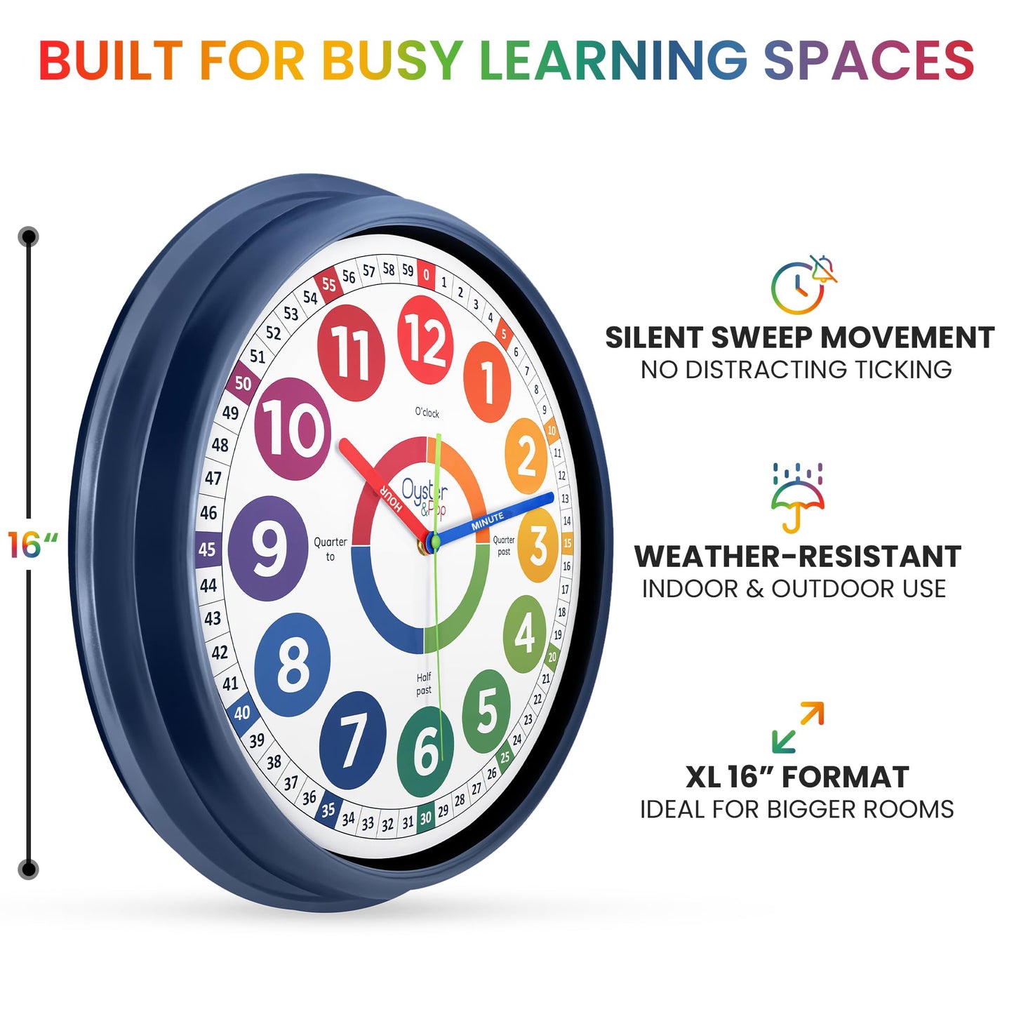 Oyster&Pop Extra Large 16" Kids Clock - Silent Indoor Outdoor Weatherproof Analog Wall Clock - Learning Clock for Kids - Classrooms Homeschool & Patio - Includes How to Tell Time eBook