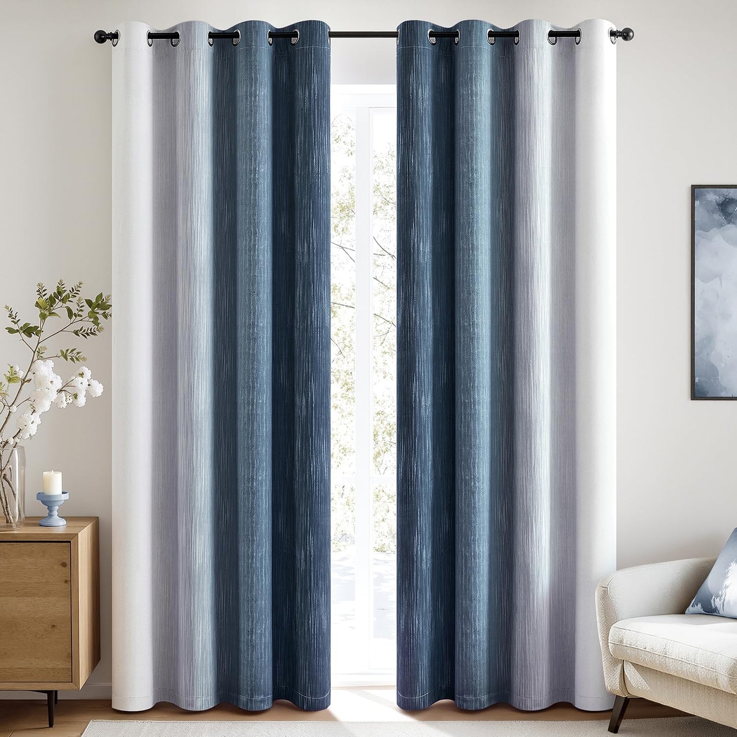 MIULEE Ombre 100% Blackout Curtains, Navy Blue and Greyish White Full Room Darkening Thermal Insulated 84 Inches Long Drapes for Bedroom/Living Room Grommet Window Treatments Modern 52Wx84L, Set of 2