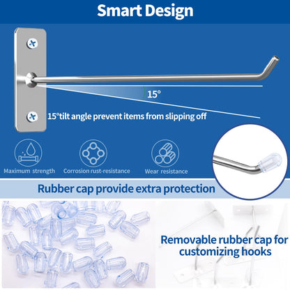 Waltool 60 Pcs 8"/20CM Stainless Steel Wall Mounted Hook with Rubber Protective Caps and Screws, Home Storage Organizer Hangers for Garage Shop Retail Office Kitchen Store Display