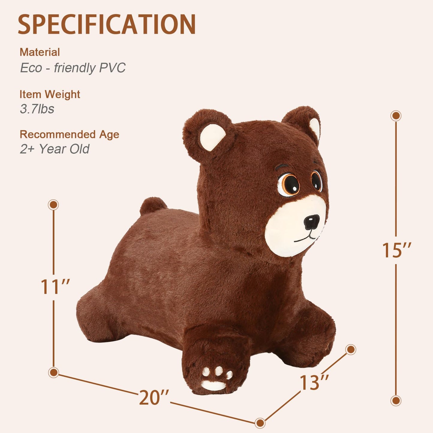 INPANY Bouncy Horse, Bear Hopper Toys, Toddlers Brown Bouncing Animal, Inflatable Plush Bounce Buddies, Kids Ride on Rubber Bouncer, Indoor Outdoor Birthday Gifts Toy for 2 3 4 Year Old Girls Boys