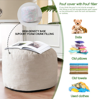 HIGOGOGO Round Stuffed Pouf Ottoman, Corduroy Poufs with Foam Chunk Filling, Furry and Fluffy Pouf Foot Stool Storage Ottoman, 20 X 15 Floor Poufs Foot Rest for Living Room, Beige