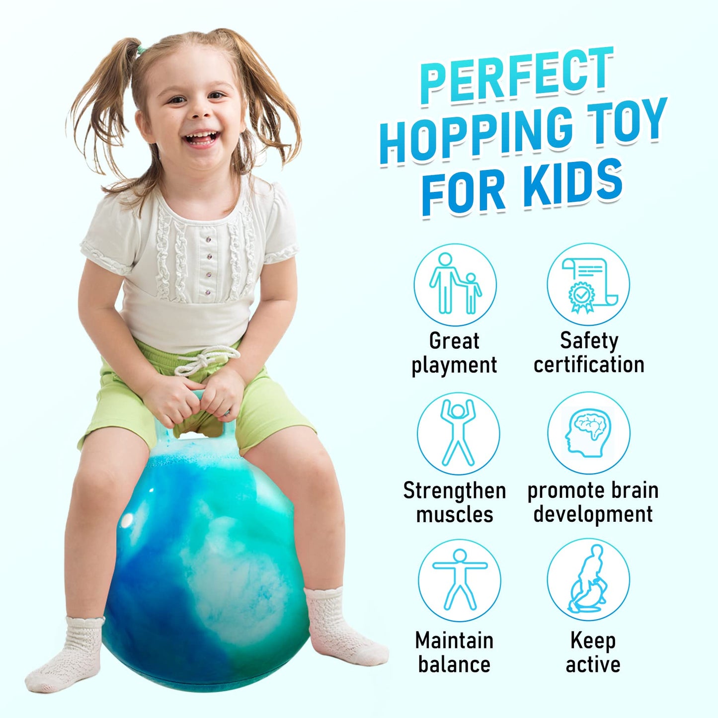 U&C Planet Hopper Ball, 18 inches Bouncy Ball with Handle for Kids Age 3-6, Hoppity Hop Sit and Bounce Jumping Hopping with Pump & Gift Box, Great Gift for Birthday Christmas, Green Clouds