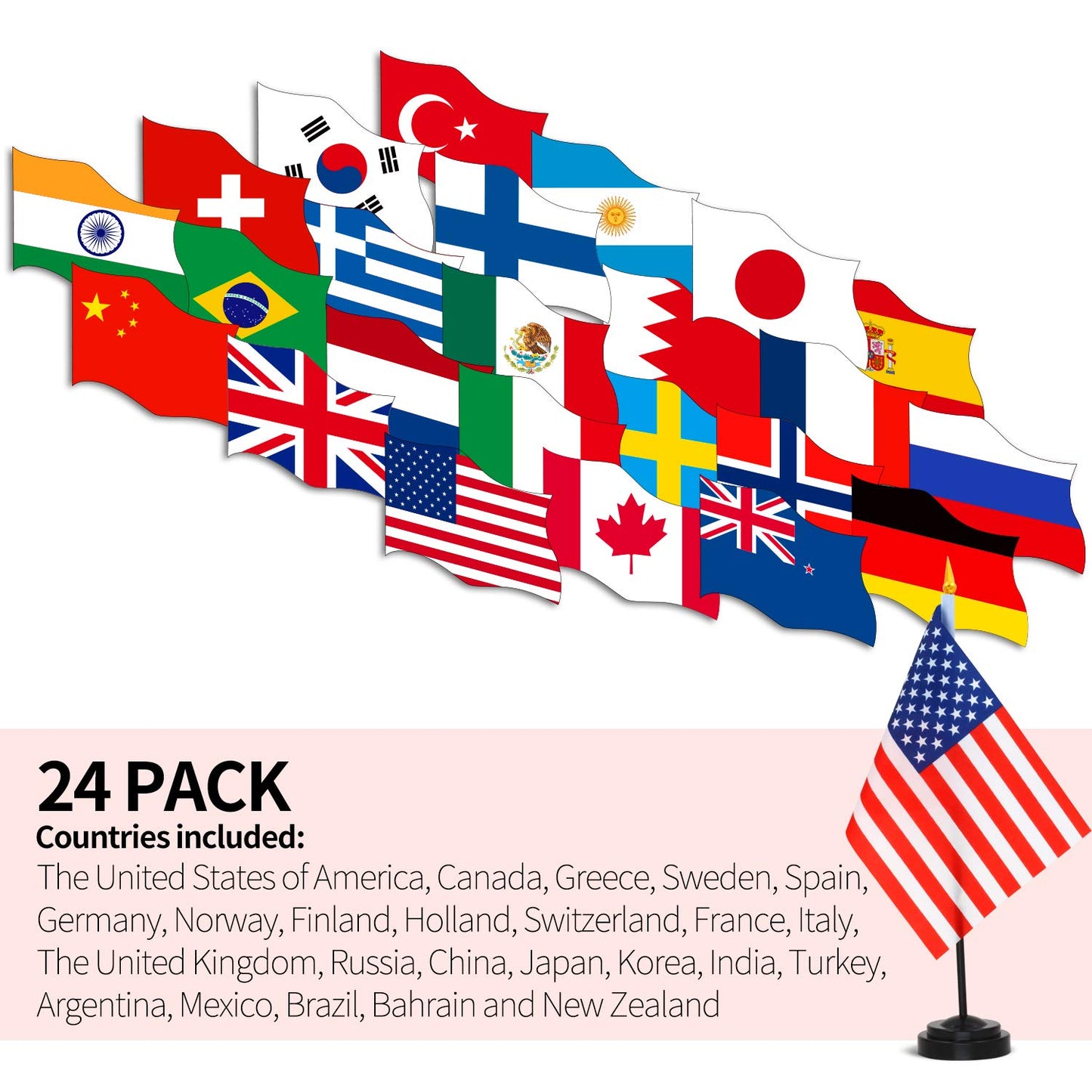 ANLEY 24 Countries Deluxe Desk Flags Set - 8 x 5 Inches Miniature American US Desktop Flag with 13" Black Pole - Vivid Color and Fade Resistant - Come with Black Base and Black Top