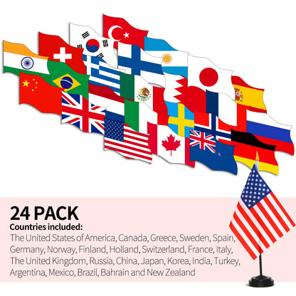 ANLEY 24 Countries Deluxe Desk Flags Set - 8 x 5 Inches Miniature American US Desktop Flag with 13" Black Pole - Vivid Color and Fade Resistant - Come with Black Base and Black Top