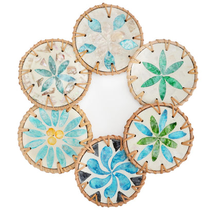 HAIJSEVR Coasters Set of 6, Boho Rattan and Mother of Pearl Unique Drink Coasters for Coffee Table, Ideas Handmade Aesthetic Home Wall Decor House Warming Gift for New Home
