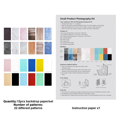 Meking 12Pcs 22Patterns Small Product Photography Backdrops Kit Photo Background Food Photography Backdrop Board with Carrying Bag and Drawstring Bag(16.5X11inch)
