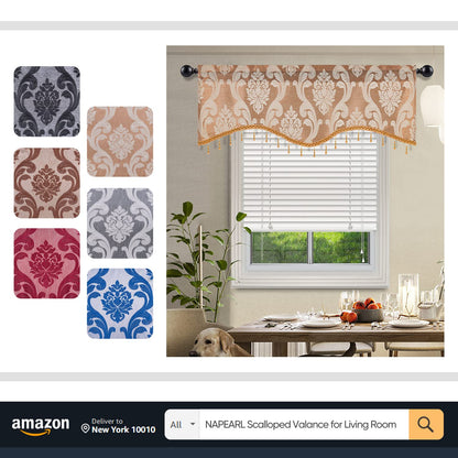 NAPEARL Waterfall Valance for Windows-Damask Valance for Living Room with Beads, Jacquard Swag Curtain Valance for Windows (1 Beige Valance, 61-Inch Wide)