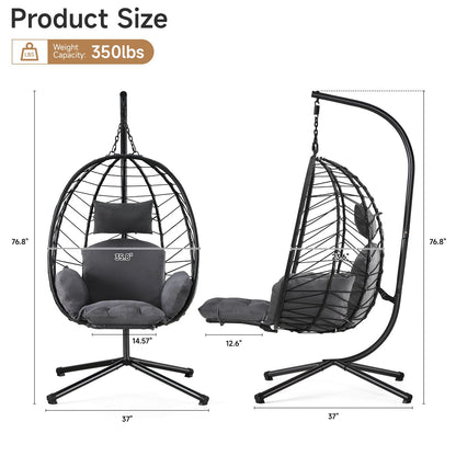 Wicker Egg Chair Outdoor, Hammock Chair with Footrest & Stand, Patio Swing with Cushion & Double Chains, Hanging Aluminum Alloy Steel Frame, 350LBS Capacity for Deck, Balcony, Grey