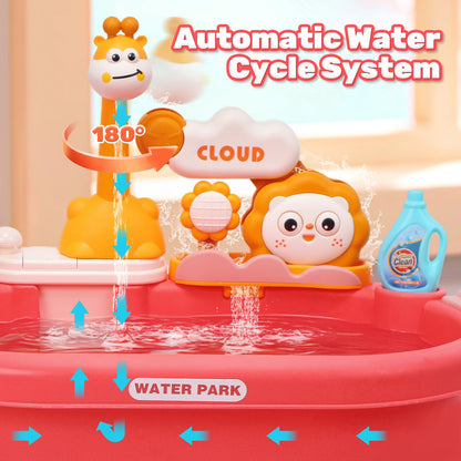 HOLYFUN Play Kitchen Sink with Running Water, Water Table Toy, Sink Toy with Functional Faucet, Play Food, Pots & Pans Kitchen Accessories, Realistic Pretend Play Gift Set for Toddlers and Kids (Pink)