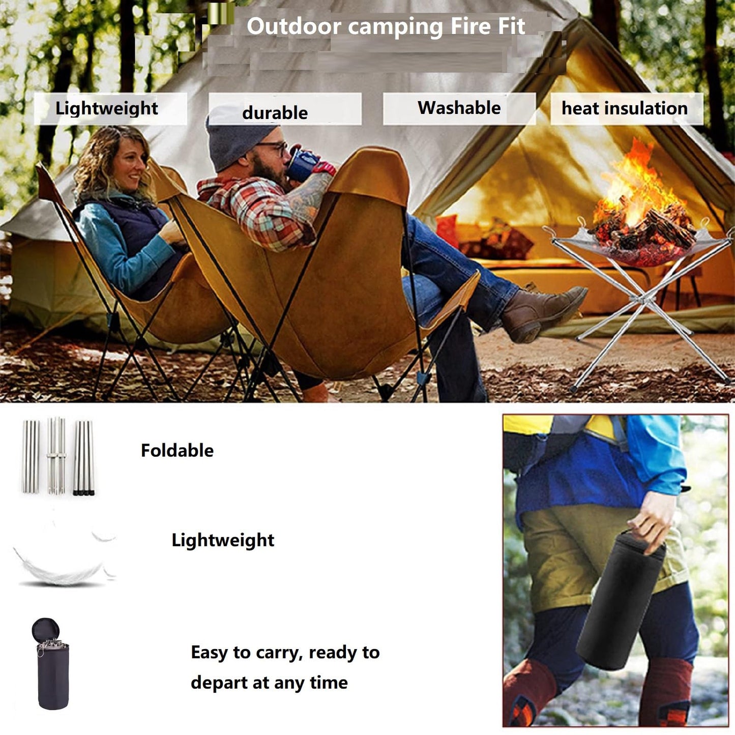 22 Inch Portable Outdoor Fire Pit with Carrying Bag,Foldable Stainless Steel Mesh Fireplace Wood Burning Collapsible Fireplace for Camping Outdoor Hiking BBQ Picnic