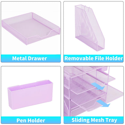 Gugsey Desk Organizer, 5-Tier Paper Letter Tray Organizer with File Holder, Drawer and Pen Holder, Desktop Organizer for Office Supplies, Purple
