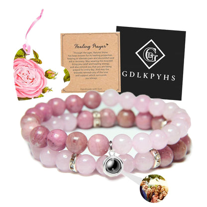 GDLKPYHS Picture Bracelet Personalized Photo - Healing Bracelets for Women - Rose Quartz Bracelet - Healing Prayers Crystal- Mothers Day Gifts Birthday Gifts For Women Bracelets With Photos