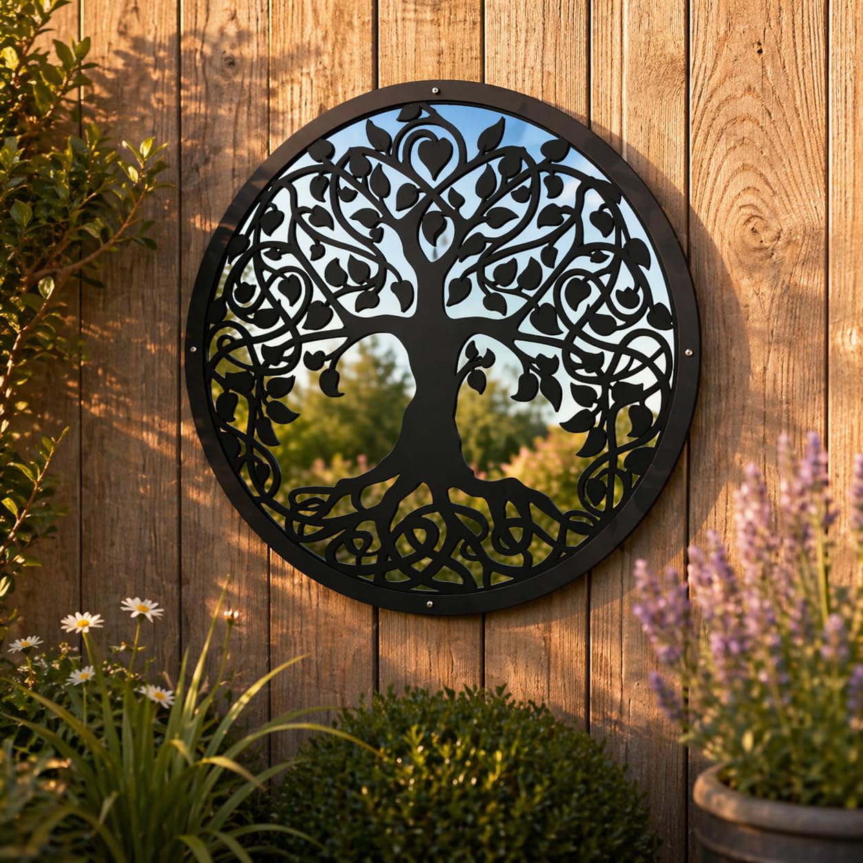 Sun Catcher Garden Decor Tree of Life Garden Mirror Range of Sizes Round Framed Mirror Outside Rust Resistant Acrylic Fixings Included Gift (42cm / 16.5 inch)