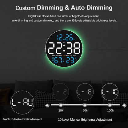 JoFomp 10" Large Digital Wall Clock with Remote Control, LED Display, Plug-in Digital Alarm Clock, Auto Brightness, DST, Temperature, Humidity, Applied to Classroom, Bedroom, Living Room, Office, Gym