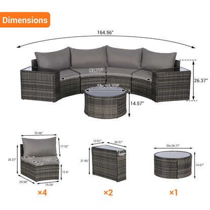 KEIKI 7-Piece Half-Moon Outdoor Patio Furniture Set, Rattan Patio Conversation Set with Coffee Table & 2 Sofa Side Table & 4 Curved Armless Sofa, Wicker Curved Sectional Sofa Set, for Backyard, Gray