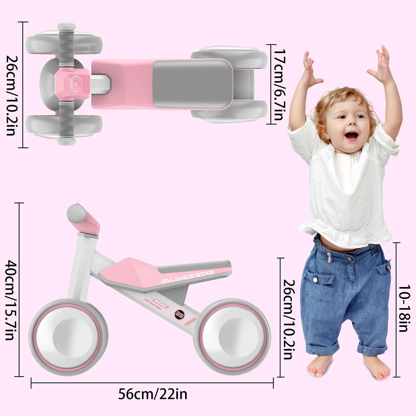 ESPRAY Colorful Lighting Baby Balance Bike Toys for 1 Year Old Girls Gifts, Toddler First Bike 12-24 Months with Adjustable Soft Seat, 4 Silent Wheels Ride on Toy, Perfect First Birthday Gift