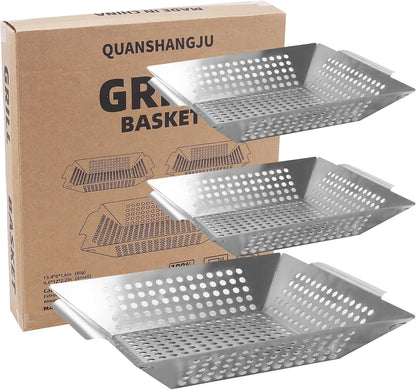 QUANSHANGJU Vegetable Grill Basket for Outdoor Grill - Extra Large, Heavy-Duty Stainless Steel Veggie Grilling Basket with Handles (3Pack)