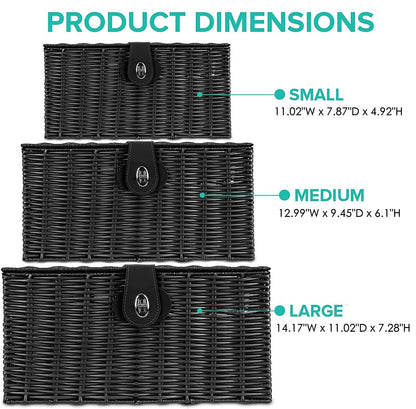 Homepeaz Set of 3 Woven Wicker Storage Basket Box with Lids & Lock, Built-in Carry Handles, Multifunctional Storage Organizer for Nursery, Baby, Clothes, Toys, Books, Large/Medium/Small Size (Black)