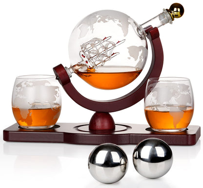 PONPUR Gifts for Men Dad Valentines Day, Whiskey Decanter Globe Set with 2 Ball Stones & 2 Glasses, Anniversary Birthday Gifts for Him Husband Boyfriend Brother, Cool Stuff Gift for Bourbon Scotch