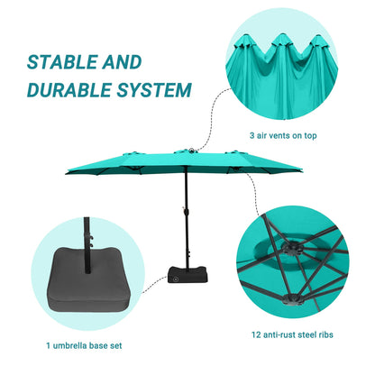 Bigroof 15ft Patio Umbrella with Base, Large Outdoor Double-Sided Market Umbrella with Terylene Polyester Fabric and Crank for Poolside Garden Deck Backyard Beach Pools (Turquoise)