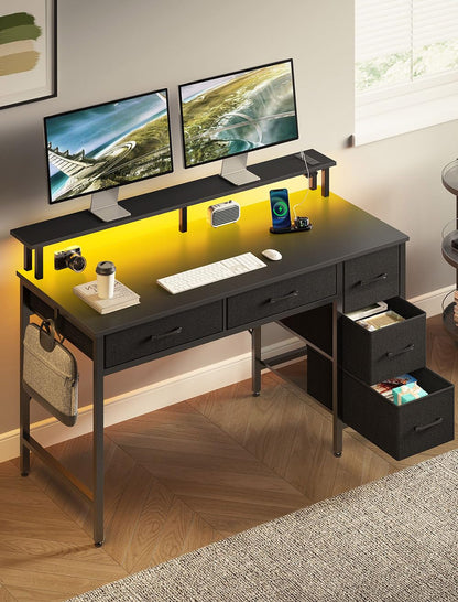 Seventable Computer Desk with Power Outlets & LED Light, 47 inch Home Office Desk with 5 Drawers, Writing Desk with Monitor Stand, Work Desk for Home Office, Black