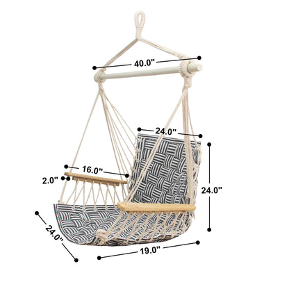 [Upgraded] Hammock Chair Hanging Swing with Wooden Armrests;Steel Spreader Bar and Anti-Slip Rings;Cotton Woven Fabric;Up to 300 Lbs for Bedroom,Patio,Porch,Deck-Indoor Midnight Blue Stripe