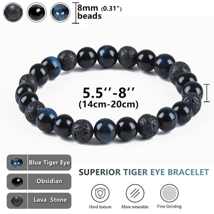 SAMXY Men Bead Bracelet - 8mm Blue Tiger Eye Black Obsidian & Lava Stone Beads - Natural Onyx & Crystal Healing Stones - Handmade Adjustable Protection Bracelet- Spiritual Jewelry Gift for Women men