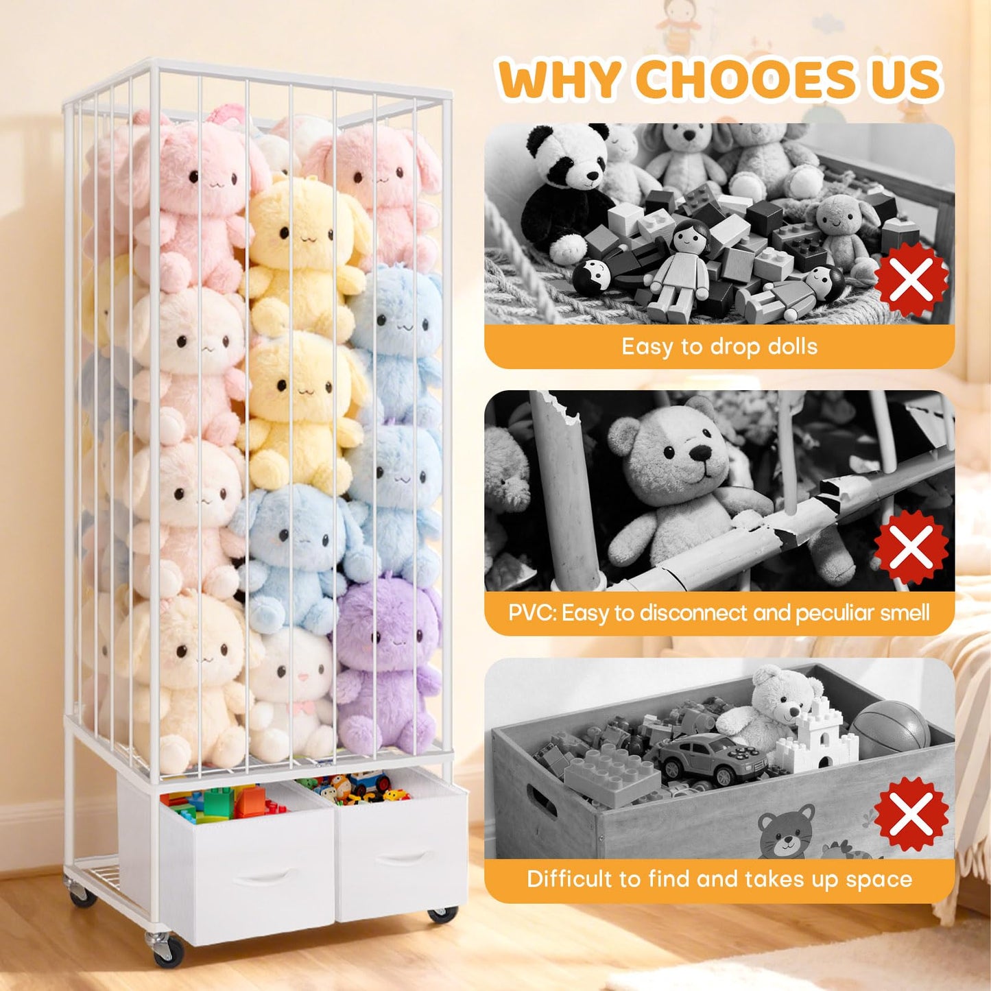 Stuffed Animal Storage - Large Stuffed Animal Zoo Holder with 2 Toy Bins - Plushies Storage with Elastic Band - Metal Plush Toy Organizer Brake Wheels Perfect for Toddler Rooms Playrooms Bedroom