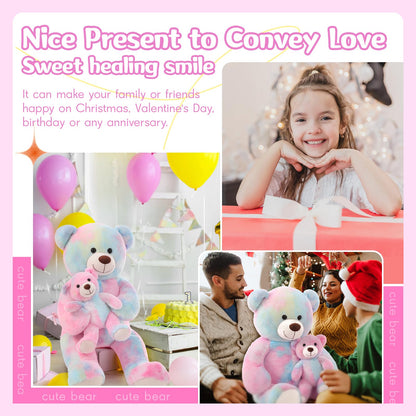 Tezituor Big Teddy Bear with Baby, 39 inch Large Mommy Teddy Bear with Baby, Giant Stuffed Bear for Kids, Girlfriend on Mother's Day, Valentine, Christmas, Baby Shower, Tie-dye Pink