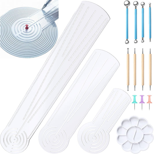FunooFuno 17 Pcs Mandala Dot Painting Tool Kit 3-in-1 Mandala Ruler with Holes 3 Thumb Tacks 10 Ball Stylus Flower Paint Palette for DIY Rock Painting Clay Modeling Drawing and Drafting
