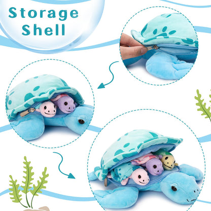 Muiteiur Sea Turtle Stuffed Animal, Soft Mommy Turtle Plush Toy with 3 Babies, Blue Stuffed Marine Life for Kids Girl Boy(Blue)