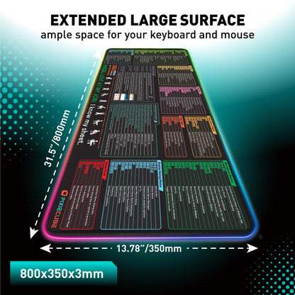 Excel Shortcut Keys LED Mouse Pad - Colorful RGB Luminous Extended Large Cheat Sheet Gaming Mousepad| PC Office Spreadsheet Keyboard Mat| Non-Slip Stitched Edge