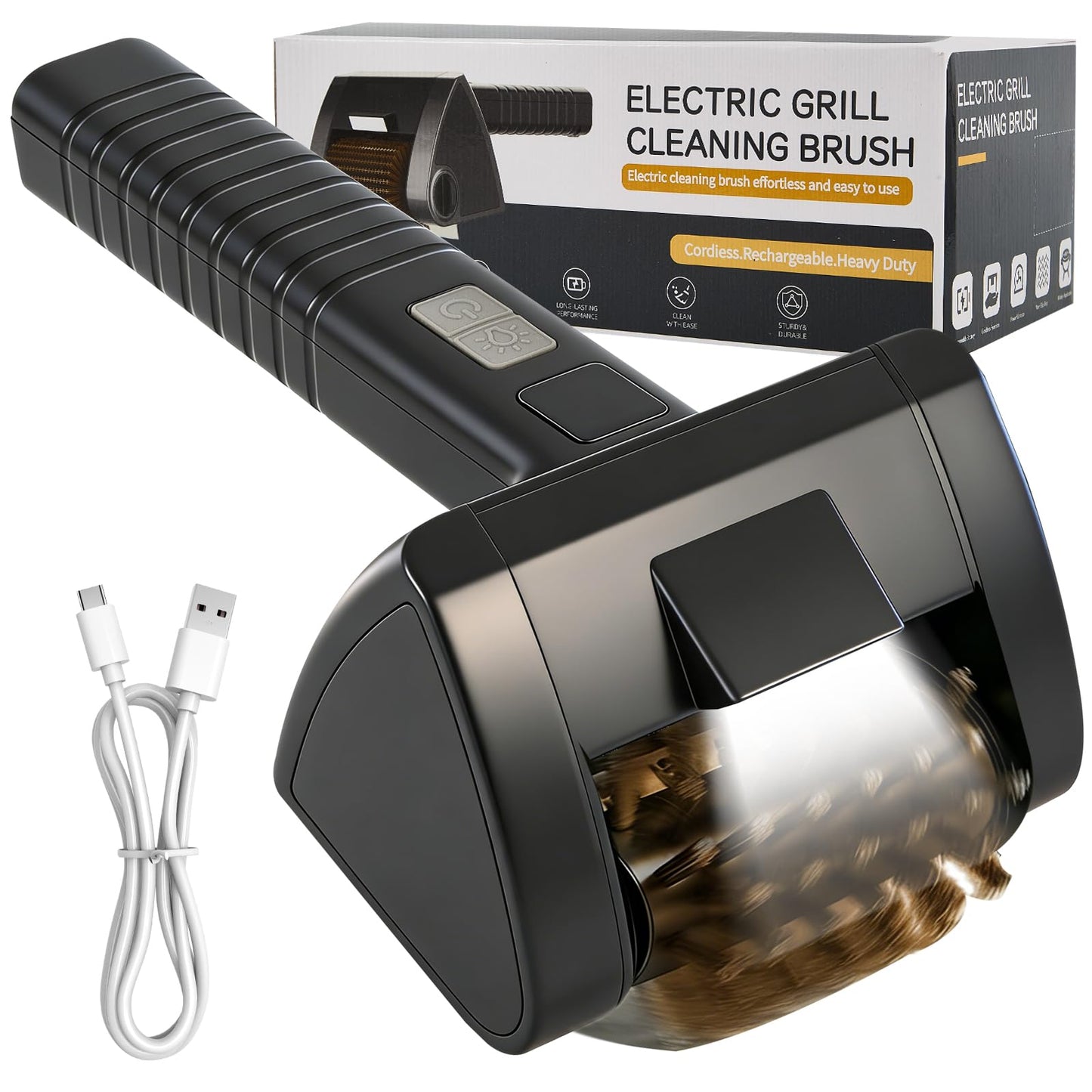 Electric Rotary Grill Brush for Outdoor Grill - Two Speed Automatic Cleaner with 304 Removable Stainless Steel Head, BBQ Grate & Outdoor Cordless Rechargeable Grill Cleaning Tool for BBQ, Home