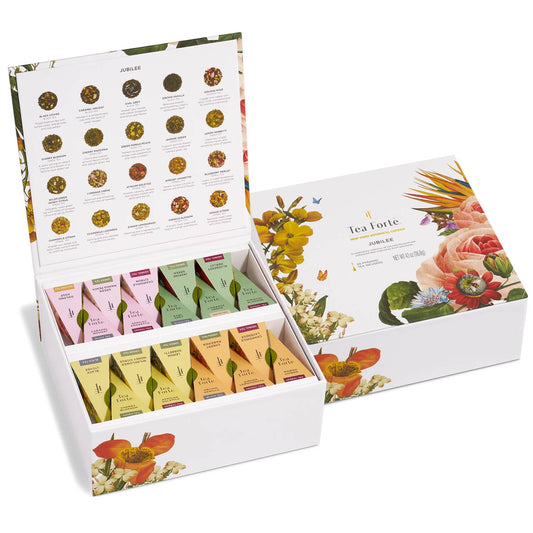 Tea Forte Premium Tea Chest Presentation Box Gift Set Sampler, 40 Count Individually Wrapped Handcrafted Pyramid Tea Infuser Bags, Jubilee