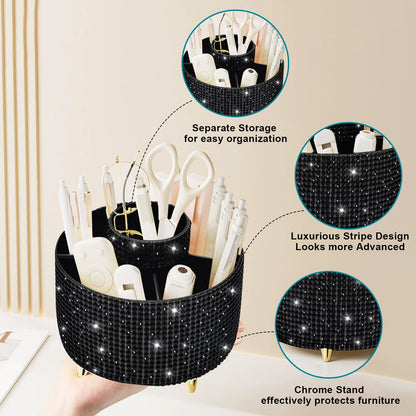 Diesisa Bling Diamond 360° Makeup Brush Holder Organizer, Rotating Makeup Brush Organizer,5 Slot Make up Brushes Cup for Cosmetics, Vanity Desktop Organizer, Gift for Women Teen Girls- Diamond Black