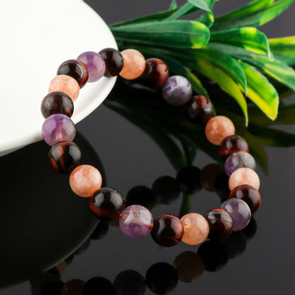 CRYSTALIS Triple Protection Bracelet | Stretchable Elastic Bracelet | Beaded Gemstone Jewelry, Birthstone, Healing, Chakra, Yoga Balancing, Reiki | [Sunstone+Amethyst+Tiger Eye]