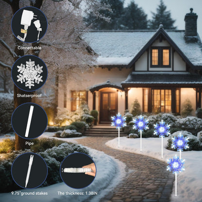 Snowflake lights outdoor 3D Crystal Cool White and Blue Chasing Led 9 ft set of 5 Yard Stake Snowflake Christmas Pathway Lights Connectable Christmas Decorations Outside for Yard Path Lawn Patio Decor